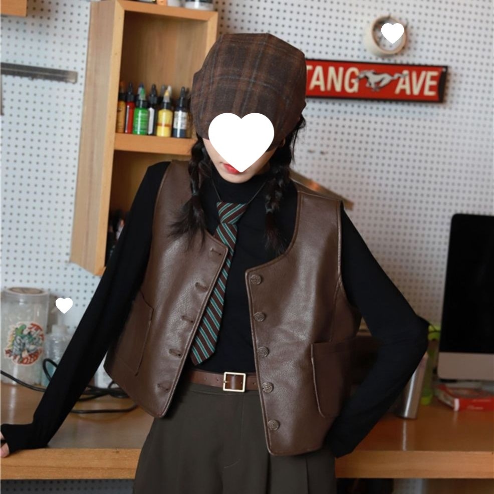ベスト 通勤 2025春秋服新作 シングルブレスト PUレザー ラウンドネック ウエストコート ベスト ジャケット レディース ヴィンテージ トップス 韓国ファッション