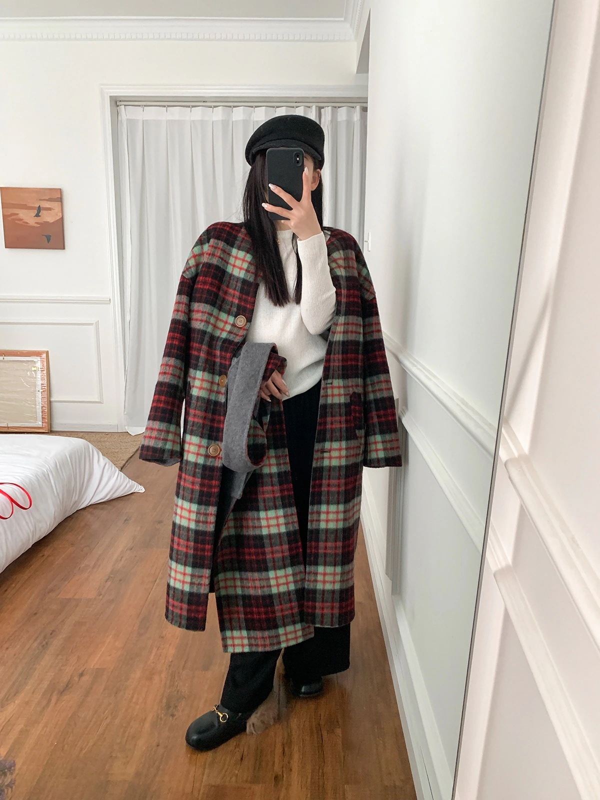 リバーシブルツイードスカーフコートミドルレングススカーフカラー2ウェアチェックツイードジャケット女性