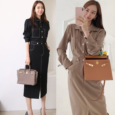 デニムロングシャツワンピース レディース ミモレ丈 デニムワンピース 長袖 ステッチ 配色