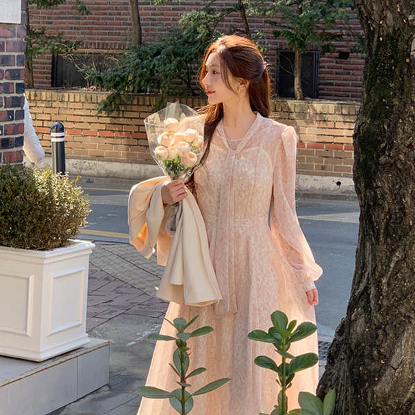 （女性らしさUP / 春のお出かけ / ピクニックルック）フエブフラワータイシフォンロングワンピース op15952