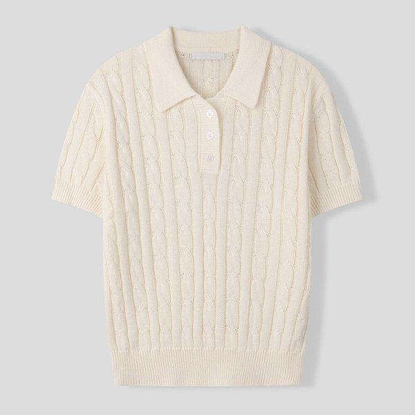 女性ネルソンケーブルカラー半袖ニット SGW-KNH-Q022-アイボリー