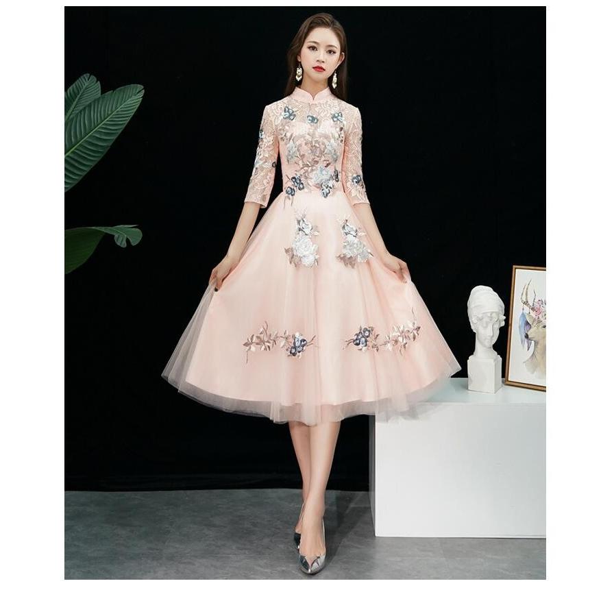 立ち襟 ウエディングドレス パーディードレス 袖あり ミモレドレス 30代40代 ステージ衣装 プリンセス オペラ声楽 成人式 花嫁 忘年会 結婚式 ピアノ-359