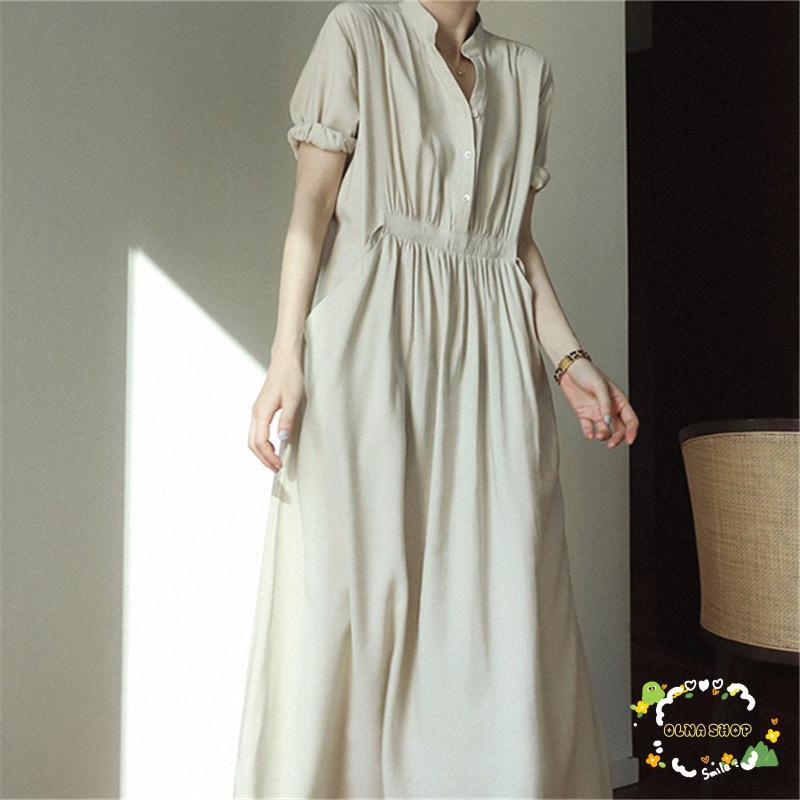 ワンピース ミモレ丈 半袖 レディース 大人 春 夏 無地 マキシ丈 ドレス シンプル きれいめ ロングワンピース 体型カバー