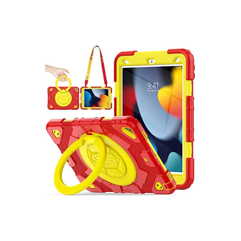 SEYMAC stock iPadケース 第9/8/7世代 リングハンドル耐衝撃ケース 10.2インチ専用 ペン収納 ショルダーストラップ フィルム付きフレーム（イエロー+レッド）