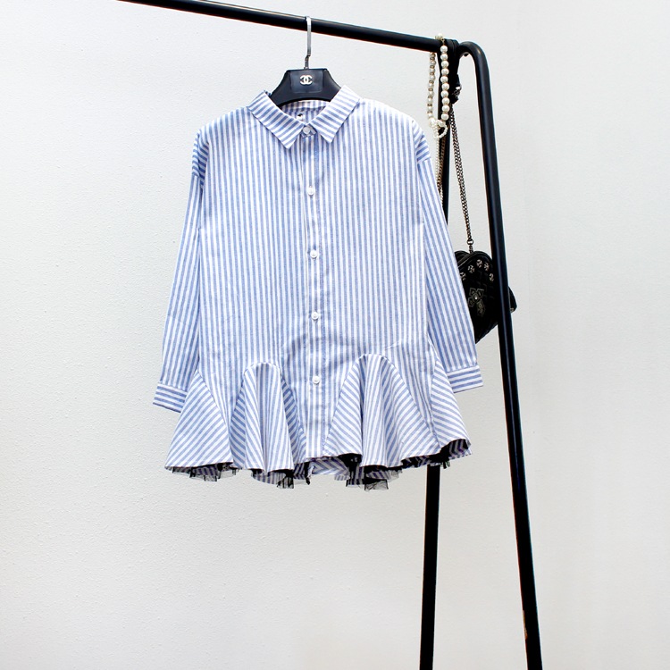 メッシュ付きストライプシャツ フリルシャツ ストライプシャツ 長袖シャツ レディース シャツ ブラウス トップス 可愛い 春 夏 秋 冬 オフィスコーデ ママコーデ 体型カバー a4759