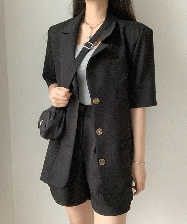 [セット価格] ハーフジャケット+半ズボンset (2color) 夏まで！ オーバーフィット半そでジャケット半ズボン ツーピースのセットアップ