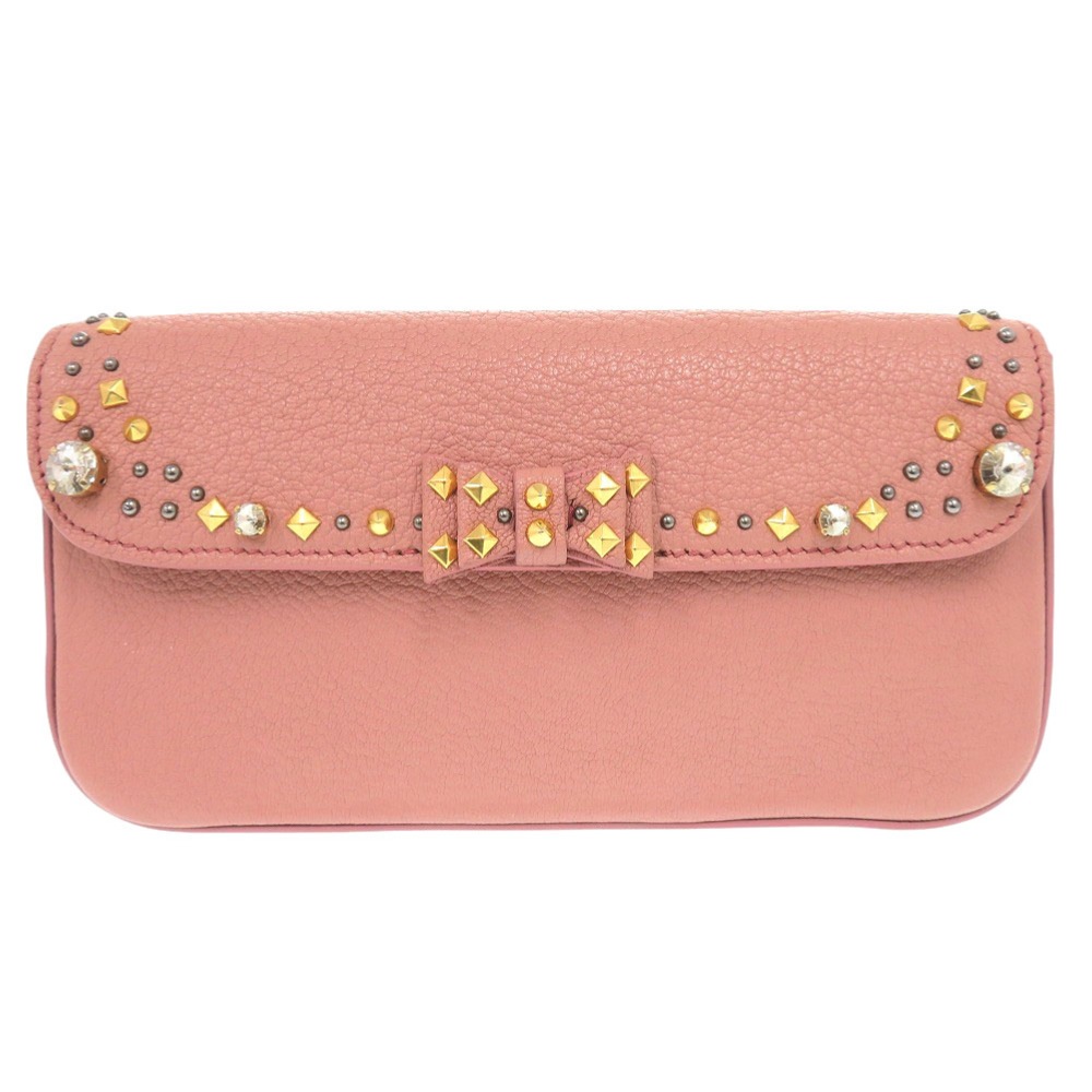 美品 リボン ビジュー スタッズ クラッチバッグ レザー/ストーン/スタッズ ピンク 1569【中古】 レディース