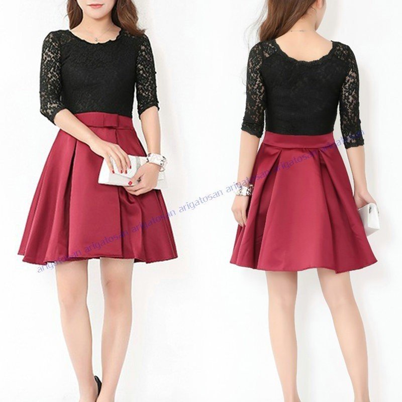 ワンピース レース ドレス Aライン　パーティードレス ミディアム丈 黒　長袖 二次会 Aラインドレス クラブ セクシー イブニングドレス キャバ嬢