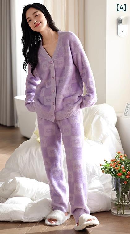 ルームウェア レディース パジャマ 部屋着 ガーリー 秋冬 長袖 Vネック カーディガン チェック柄 ストライプ ボーダー パープル ピンク ホワイト