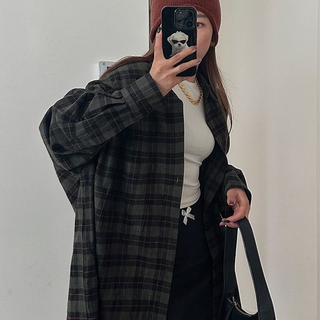 緑 チェック シャツ レディース 長袖 アウター ゆったり リラックス風 chic 高級 レトロ シャツ カーディガン アウター1331