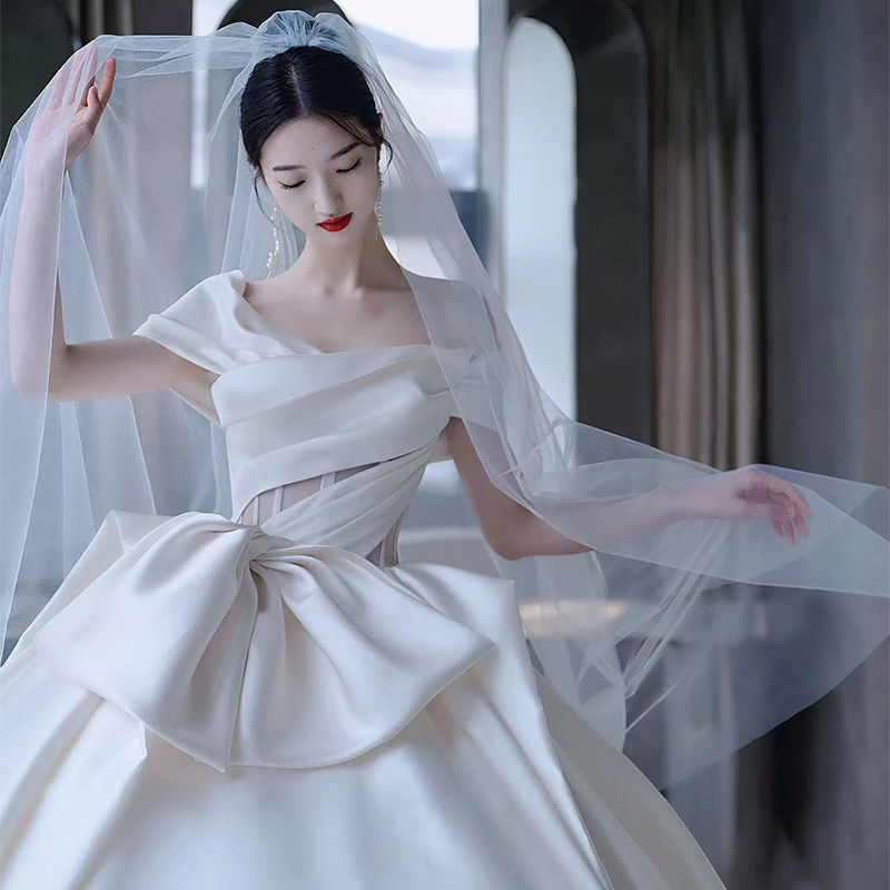 ワンショルダーサテンウェディングドレス花嫁2024小さいプラスサイズ妊婦ハイエンドフォレストスタイル