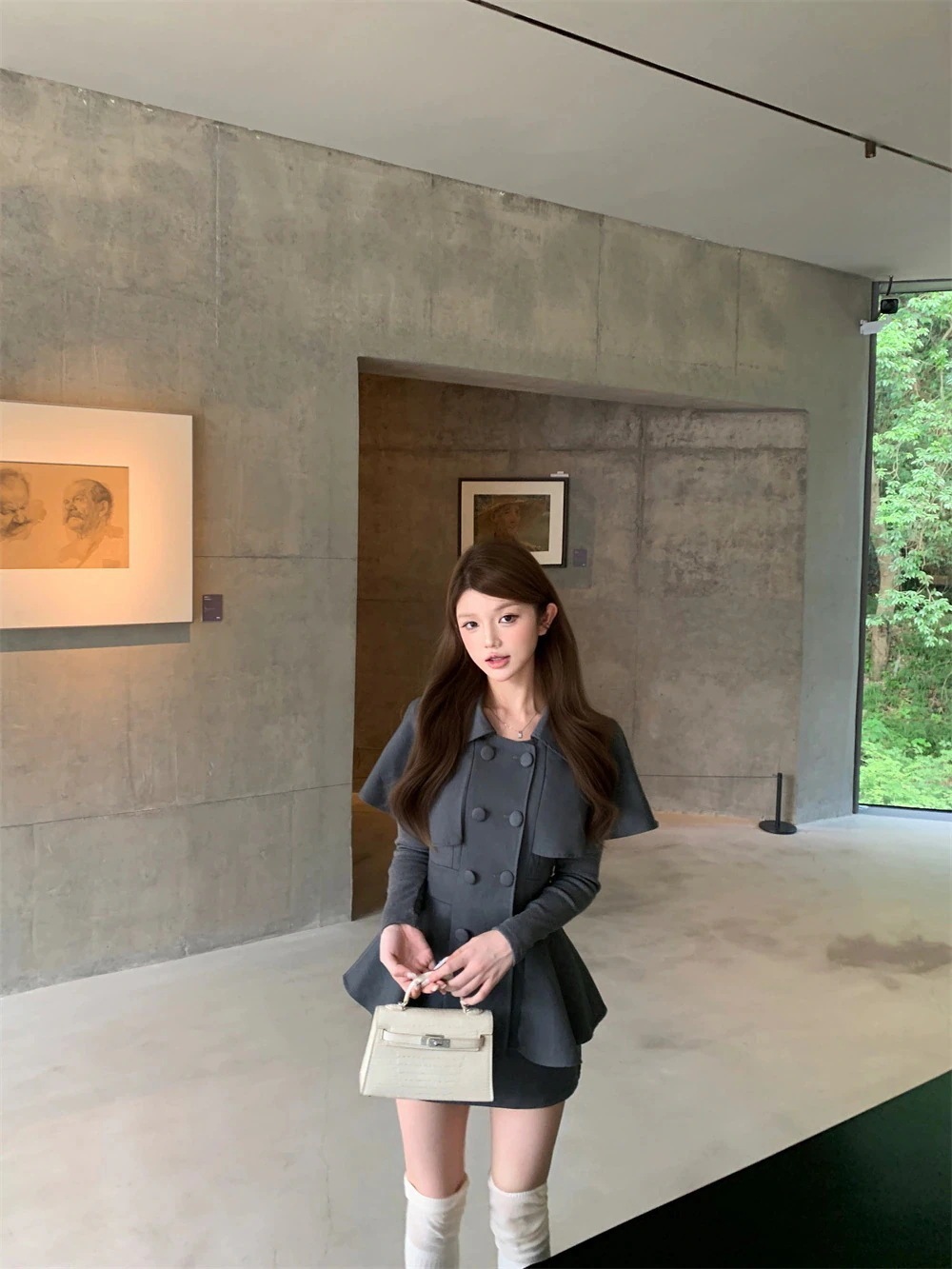 韓国 かわいいレディースポンチョ アウター×スカート 2点セット長袖ケープデザイン フェミニンエレガントトレンド大人サイズ丈トップス カジュアル ファッション系シルエットフレンチ