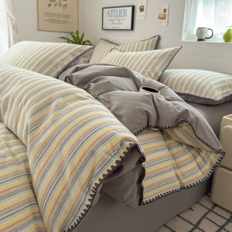 クラスA純綿糸染めウォッシュコットンストライプ4点セットシンプルな純綿シェル刺繍寝具寮3点セット