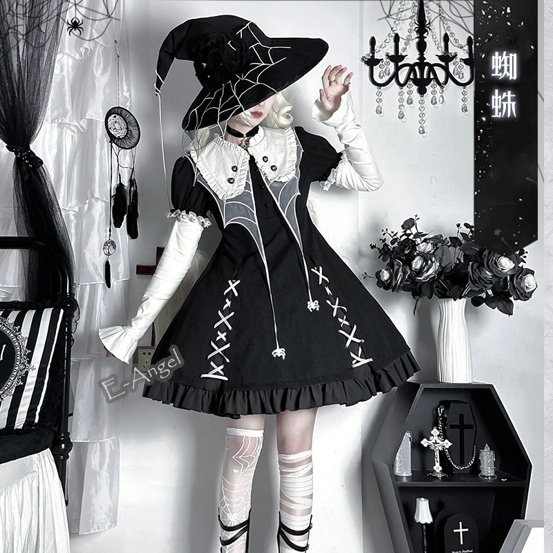【快速出荷】ゴスロリ 蜘蛛ロリータワンピース 半袖 メイド服 魔女 ハロウィーンコスプレ メイド服 ロリータ ワンピース ハロウィンコスチューム イベント衣装 暗黒風 ゴシック