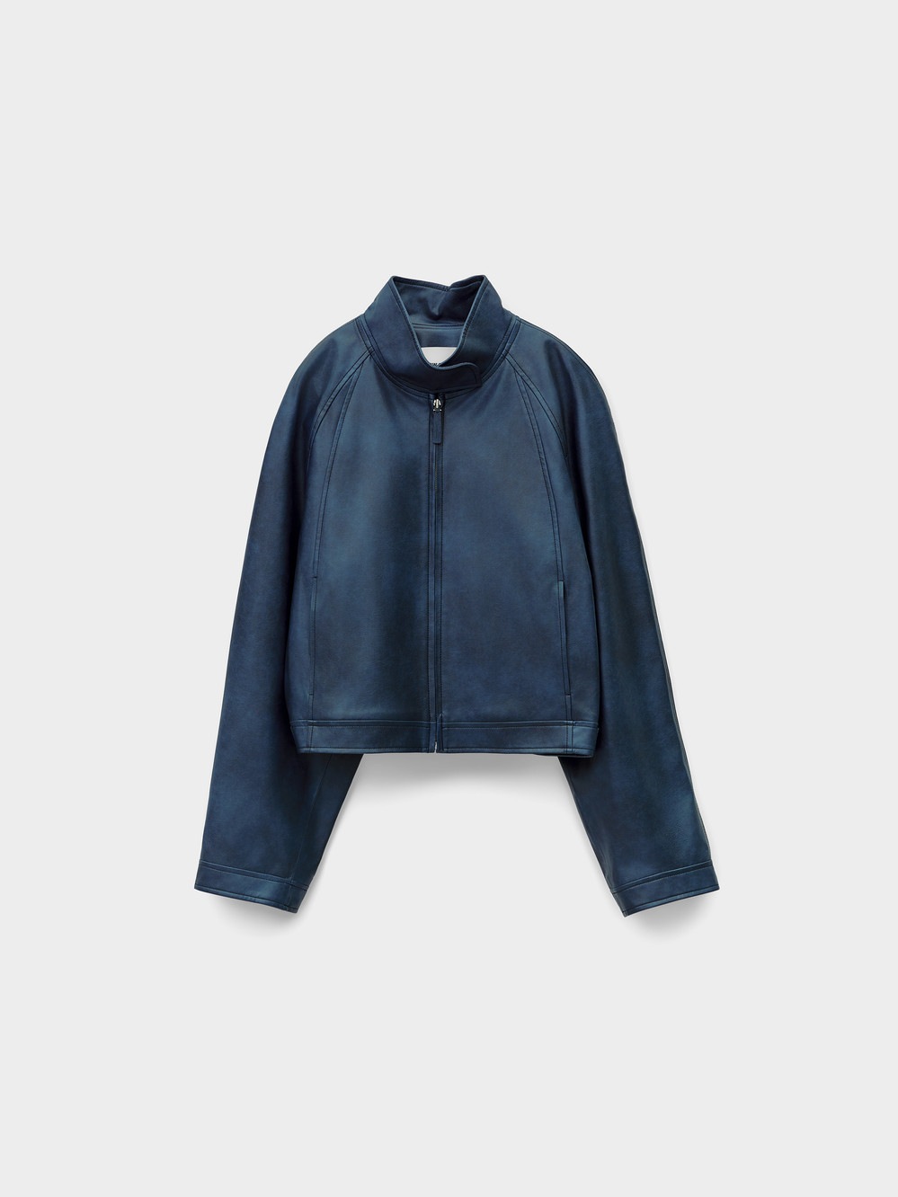 【LOW CLASSIC】 26SS STAND COLLAR ARTIFICIAL LEATHER JUMPER : NAVY