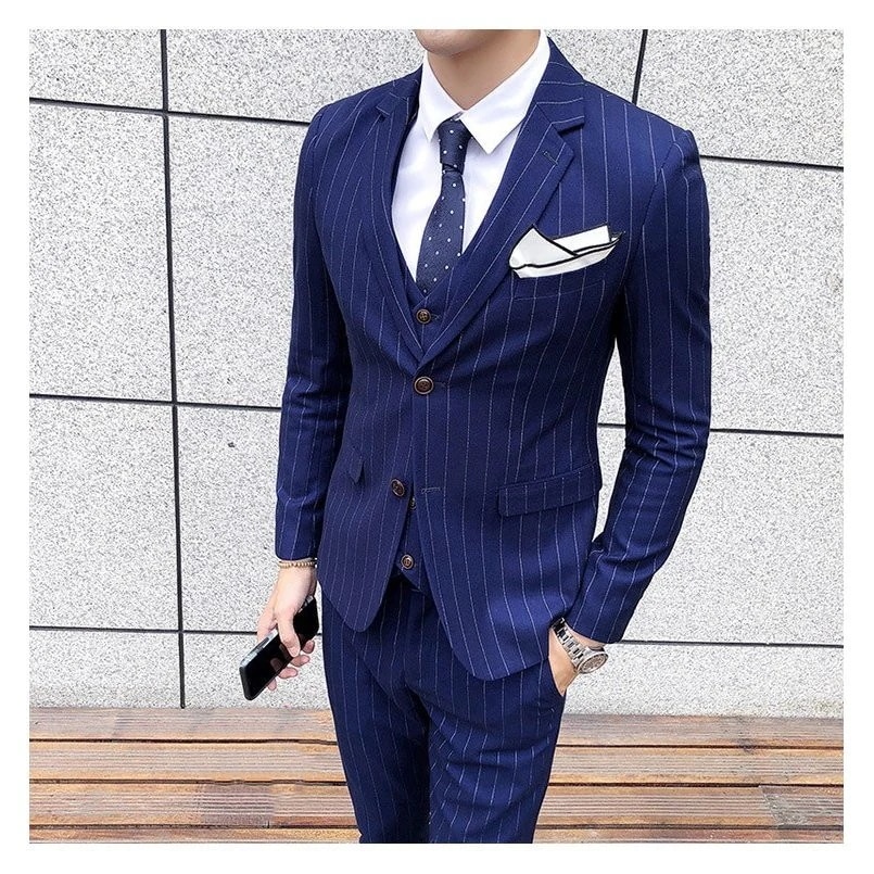 3ピーススーツ 上下セット メンズ スーツ 2つボタン ストライプ ビジネススーツ カジュアルスーツ