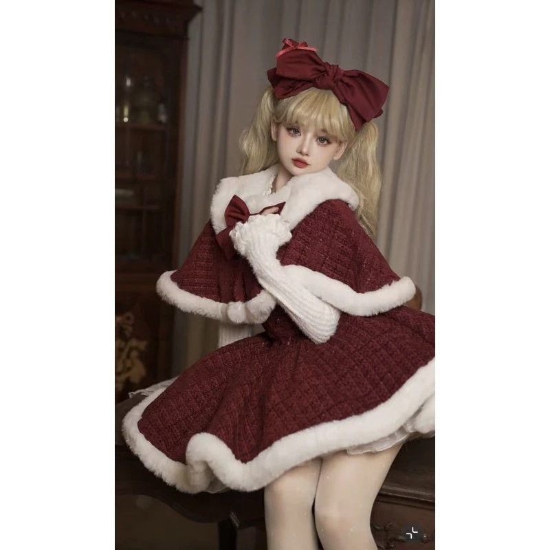 クリスマス戦士ロリータガールレースパッチワークトップ蝶結びホルタードレスケープファッションセットスカート和服コスチュームコスチューム 5,053円