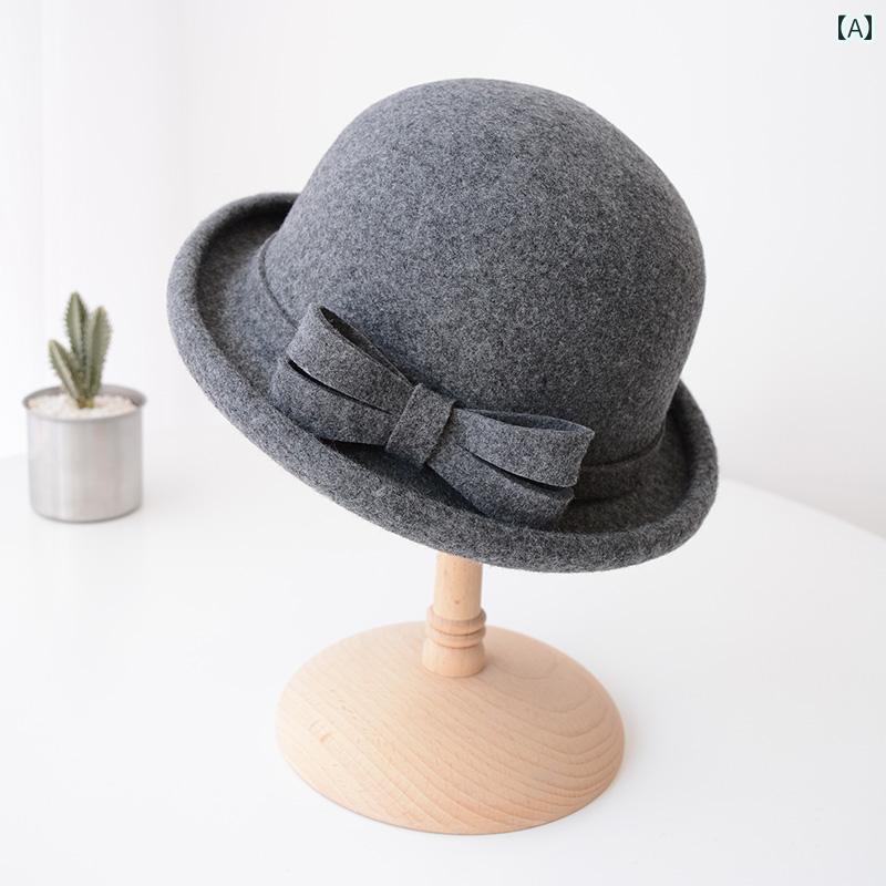 帽子 おしゃれ レディース リボン カール 山高 帽 女性 秋冬 ウール レトロ 英国 流域 小さい 丸い ボール ハット
