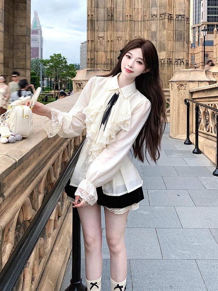 Qoo10限定涼しく楽ちんセットアップフレンチレースワンピース 春の新作ファッション レディース きれいめシャツ デザイントップス+パンツ セットアップ