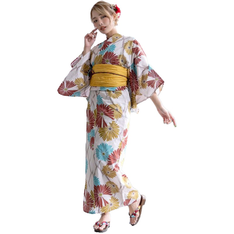 【浴衣セット】格子白地に蝦夷菊文様ゆかた２点セット[H2301009]