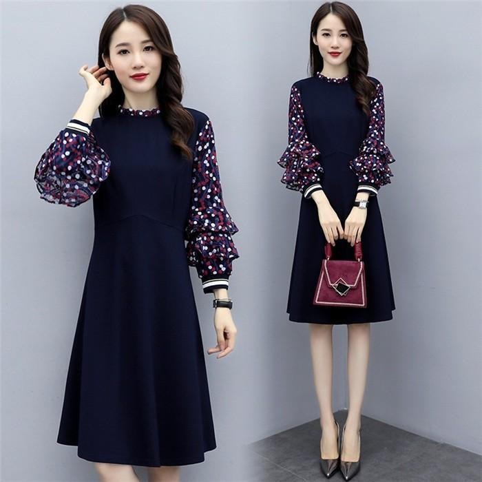 ワンピース レディース 長袖 春秋 きれいめ 上品 膝丈ワンピース ドット柄 チュニック 大きいサイズ パーティードレス 韓国風 おしゃれ 着痩せ S M L XL 2XL 3XL 大きいサイズ