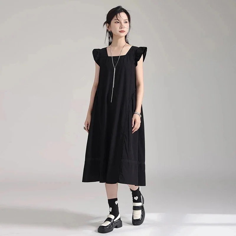 【J.Fashion】 夏 ミドル丈 ワンピース フライングスリーブ Aライン 着痩せ スクエア襟 レディース おしゃれ 関連商品は店で購入可能 メガ割