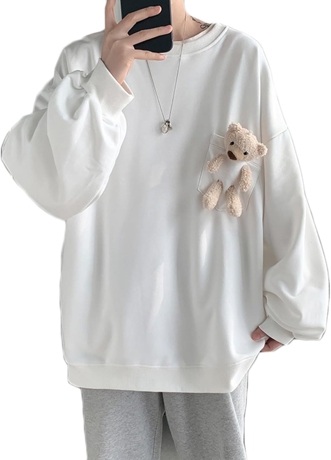 長袖 丸襟 メンズ クマポケット付き 無地 パーカー フルオーバー レディース 男女兼用 ペアルック トレーナー 春秋冬服 お肌に優しい 軽量 快適 韓国風 きれいめ お揃い トレーニング 旅行