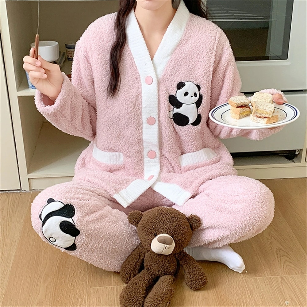 マタニティ パジャマ 冬 モコモコ パンダ vネック かわいい 長袖 マタニティ ルームウェア 授乳口 付き ウエスト調節 パジャマ 上下セット マタニティ パジャマ ギフト パンツ トップス かわいパジャマ