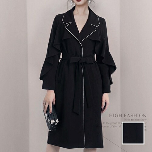 アウター コート 韓国 ファッション レディース 春 秋 冬 ブライダル お呼ばれ コーデ 成人式 二次会 同窓会 20代 30代 40代 50代 2025 ラッフル ジップ風 パイピング ガウン