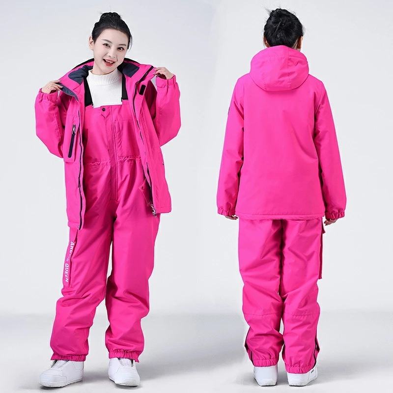 スノーボードウェア 上下セット スノボ セットアップ スキーウェア スノボウェア レディース メンズ スノボー スキー スノーボード 前開きジャケット ビブパンツ ボトムス 無地 ローズ 海外通販