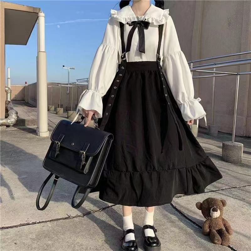 ロリータ 上下セット ワンピース セットアップ レディース 服 ロリータ 量産型 病みかわ 地雷系 学院風 森ガール ロングスカート 可愛い 韓国 カジュアル シャツ