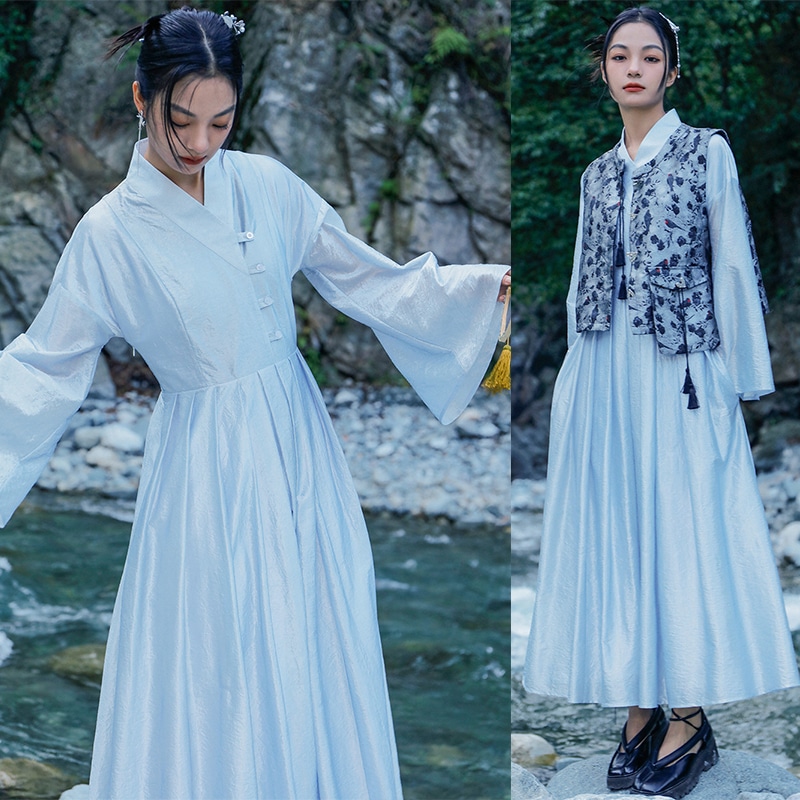 チャイナ風ワンピース プリーツワンピース シャツワンピース 長袖 水色ワンピース 前ボタン レトロ気質 古風 レイヤード 通勤 ハイウエスト