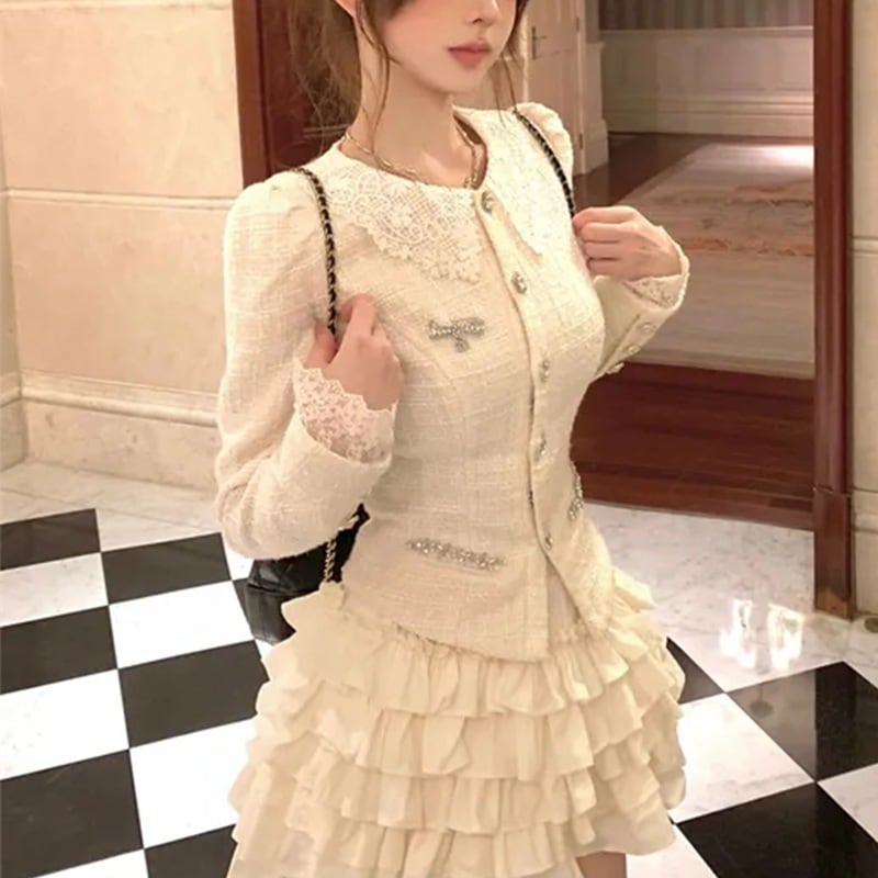 【3日出荷】お嬢様風 ツイードセットアップ 春秋 ハイウエスト フリルスカート