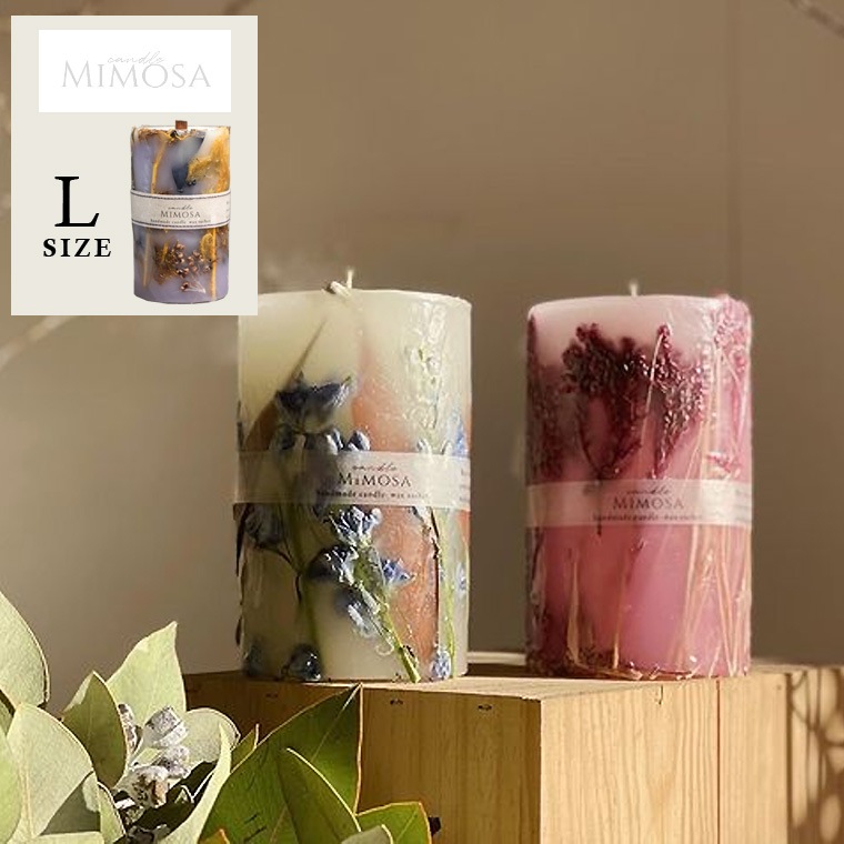 【Lサイズ】キャンドルミモザ ボタニカルキャンドル フラワー キャンドル フレグランス 木 芯 ろうそく パチパチ音 花 天然 ハンドメイド 手作り 1点物 高級 おしゃれ 結婚式 ウェディング
