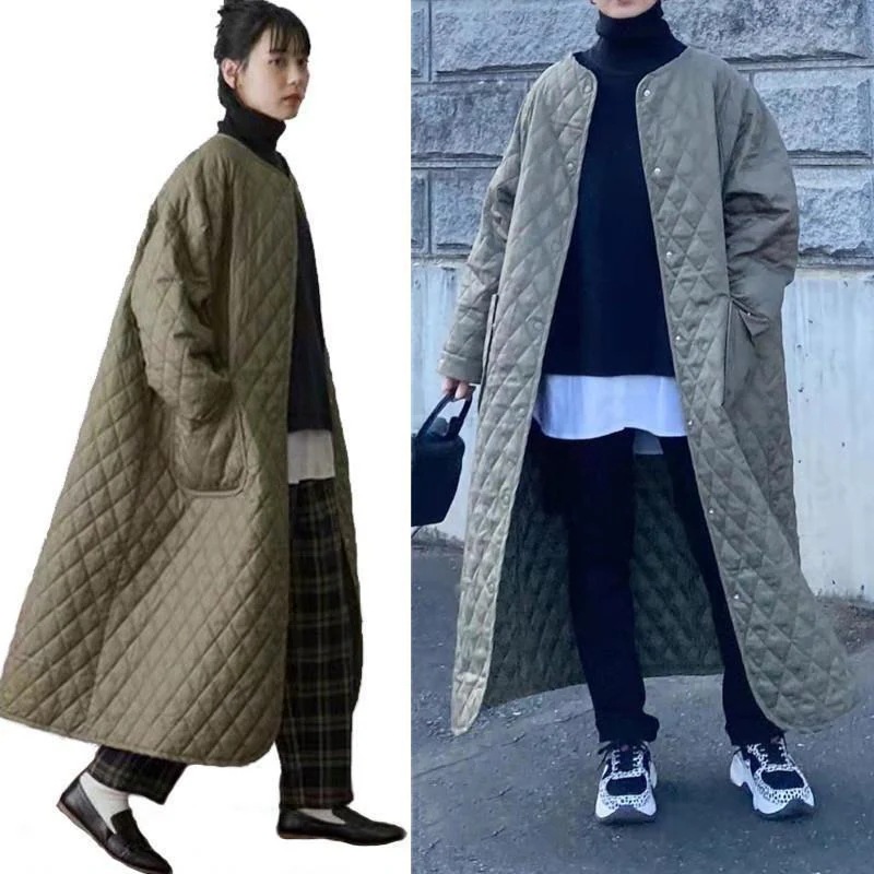 キルティングコート ダウンコート ロングコート ノーカラー 長袖アウター 中綿コート アウター 防寒 防風 ポケット コート 厚手 コート 大人