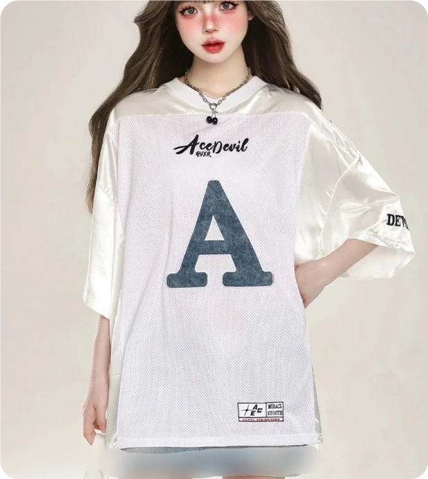 【3日で出荷】優れた通気性 メッシュ スポーツウェア ストリートスタイル ヒップホップ ルーズフィット クルーネック AロゴメッシュユニフォームTシャツ