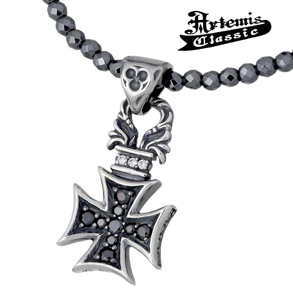 アルテミスクラシック Artemis Classic スモール フローラル アイアン クロス シルバー ネックレス アクセサリー メンズ ヘマタイト キュービック シルバー 925 ACP0266