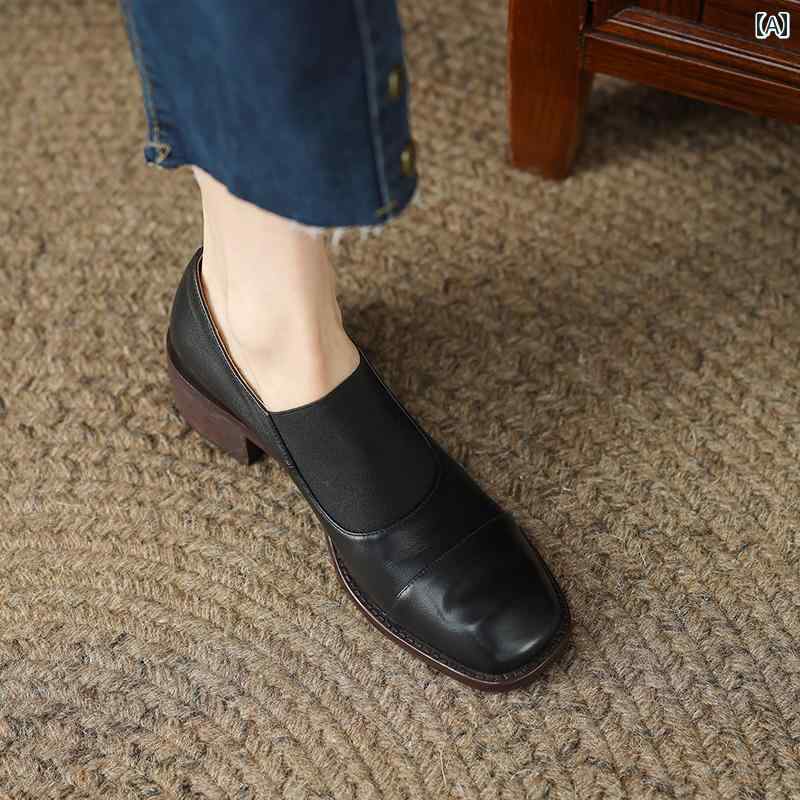 ローファー レディース オフィス 通勤 仕事 フランス レトロ 革 女性用 スクエアトゥ シューズ ブラウン 太い ヒール 弾性 小さい 革靴 深い ミッド ヒール 英国