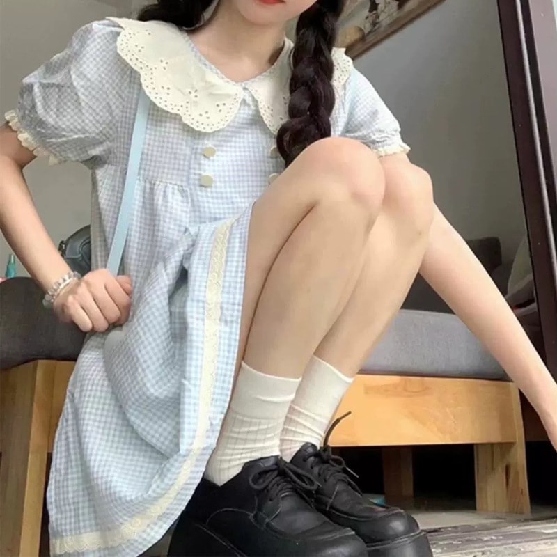 Jinqian キュートで甘い人形襟チェック柄ドレス小さな女性向け日本製ゆったり半袖プリンセスドレス夏 24