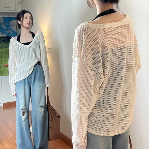 トップス カットソー 白トップス 袖なし 長袖 Vネック ホルターネック ストレート Iライン 編み込み 透け感 ニット サマーニット 薄手 異素材MIX 2点セット ツーピース かわいい 大人可愛い