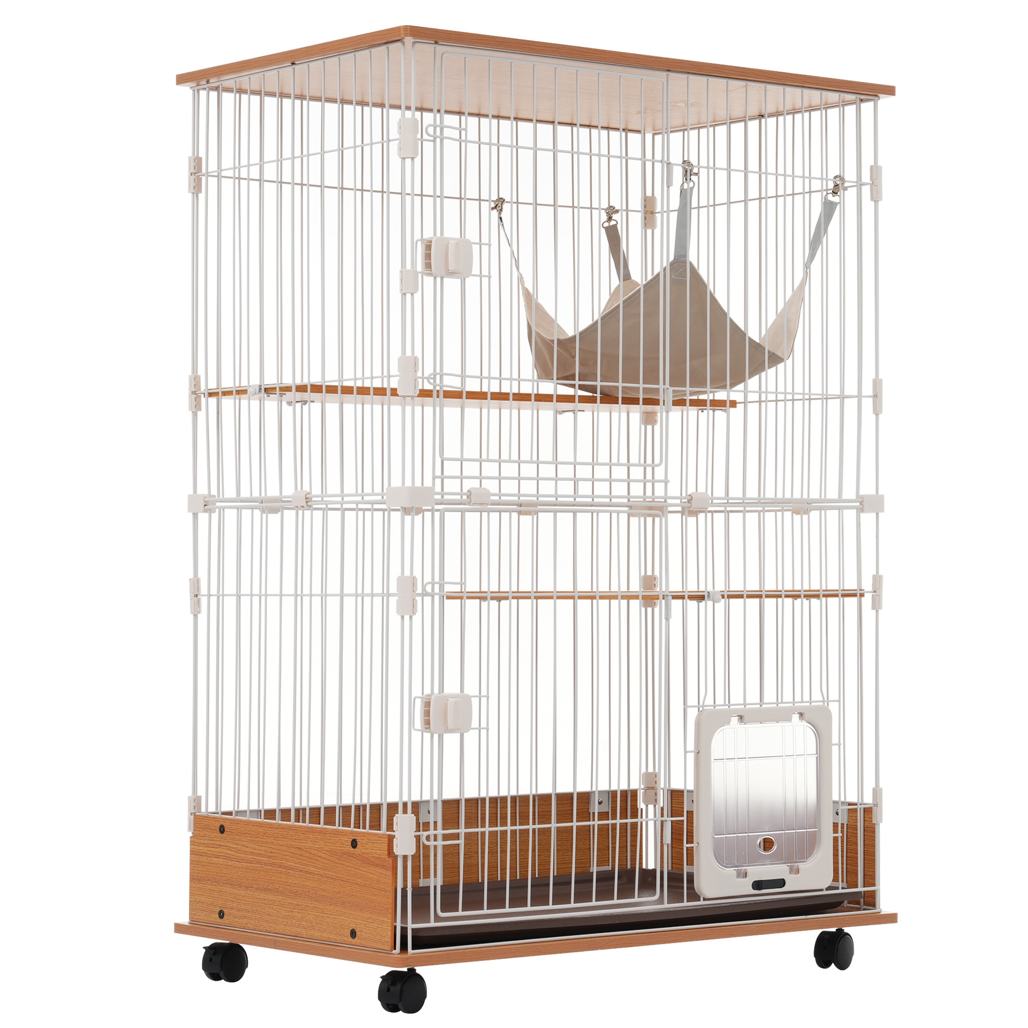 【2点購入で150OFF】【国内即発送】猫 キャットケージ 木製 二段 ナチュラル 1段2段可能 キャスター付 キャットハウス留守番 保護 脱走防止 多頭飼いn