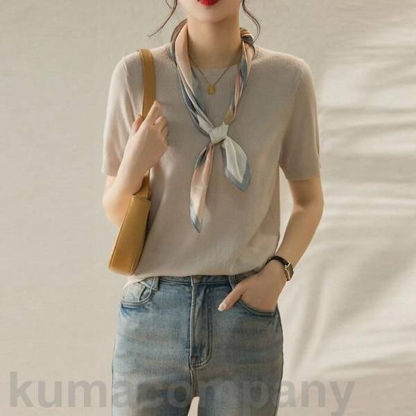 トップス ニット カットソー クルーネック エレガント レディース きれいめ カジュアル おしゃれ 半袖 大人 可愛い フェミニン シンプル ナチュラル 薄手 ベーシック ブラウン ベージュ グレー