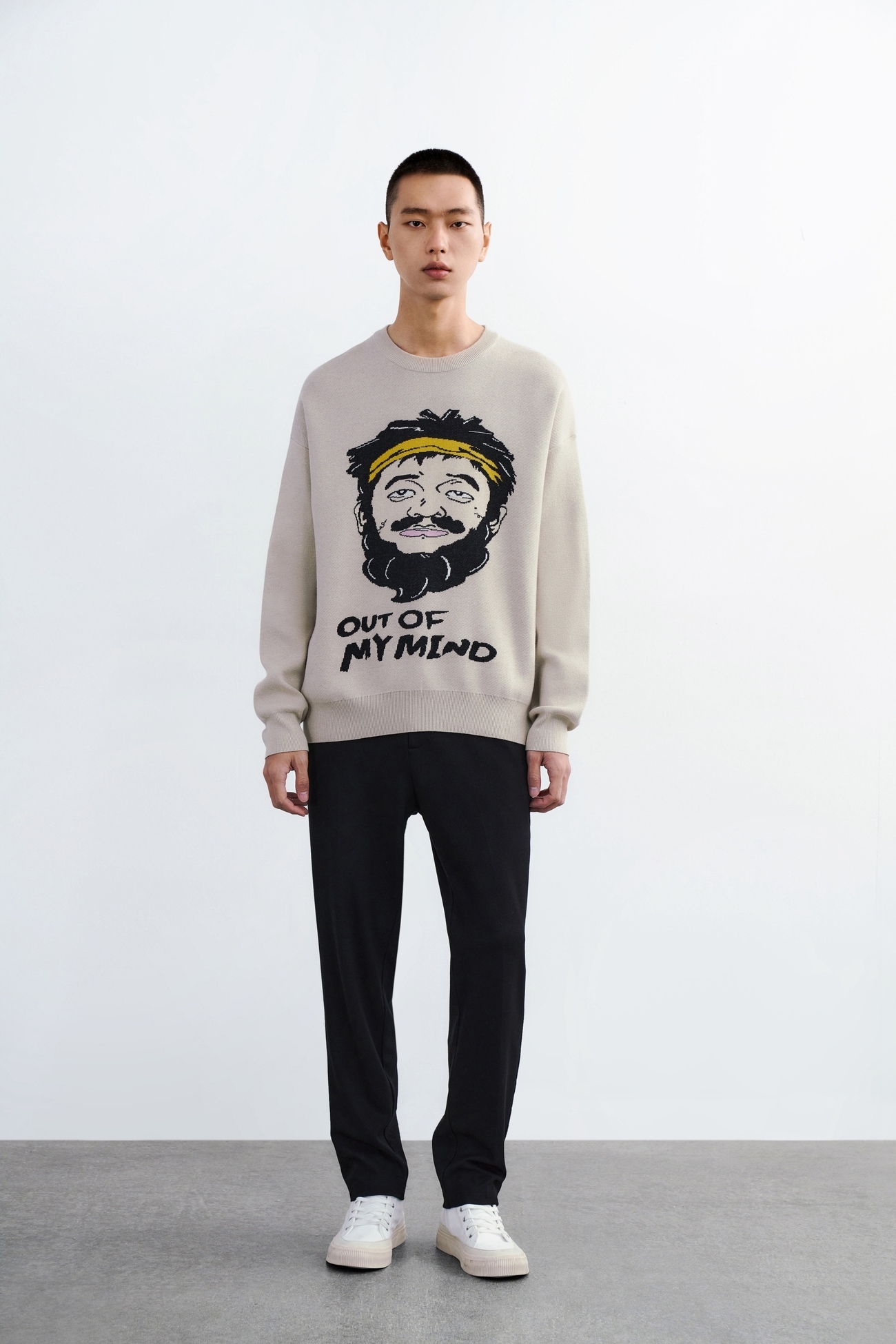 メンズ ヒップホップ パロディ柄 ルーズラウンドネックセーター カーキ ダークグレー ブラック XS S M L 個性的 トップス シャツ トレーナー 袖あり 長袖 きれいめ シンプル 大人 上品