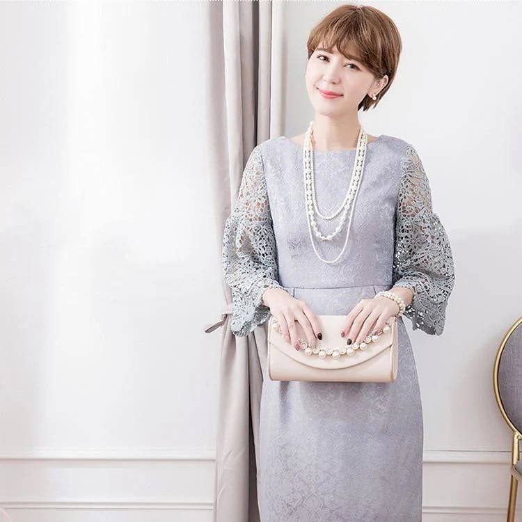 パーティードレス ワンピース 結婚式 お呼ばれ 体型カバー パーティー ドレス 大きいサイズ ミモレ 膝下 レース シンプル きれいめ フォーマル ダマスク