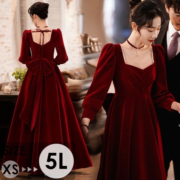 ドレス 大人 ピアノ 発表会 ロングドレス ミモレ丈 演奏会 演奏会用ドレス 赤 袖付き ピアノ発表会 結婚式 高校生 パーティードレス 演奏会ドレス 大きいサイズ 母親 コンクール イブニングドレス