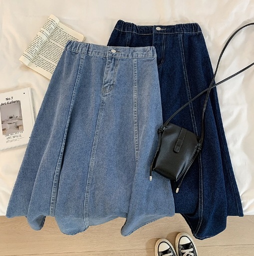 スカート ロングスカート デニムスカート Aライン ロング丈 スリム 細身 前開き ハイウエスト 薄手 かわいい 可愛い シンプル カジュアル おしゃれ お洒落 可愛い 女子