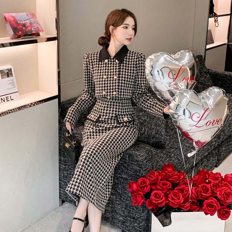 【送料無料】レディース セットアップ 千鳥格子 ショートジャケット キャミワンピ バイカラー ワンピース 襟付き 長袖 バックスリット Iライン フォーマル お呼ばれ パーティー 大人可愛い