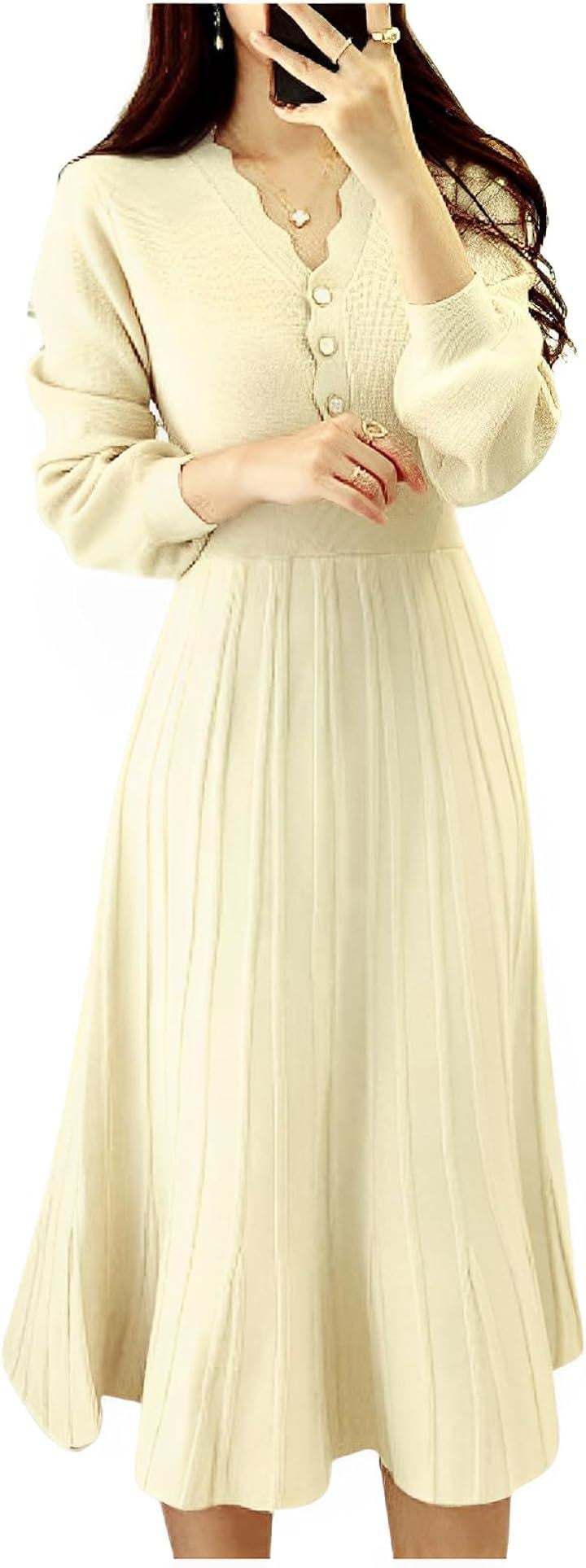 ニットワンピース きれいめ 長袖 韓国 セーター 厚手 ボリューム袖 かわいい カジュアル レディース フリーサイズ(クリーム, Free Size)