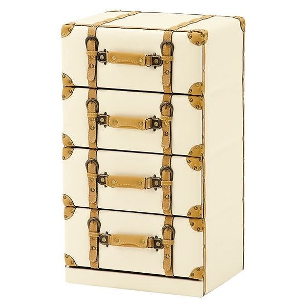 トランク型チェスト/リビング収納 4段 幅41cm 合成皮革/合皮使用 チェスターシリーズ アイボリー 完成品