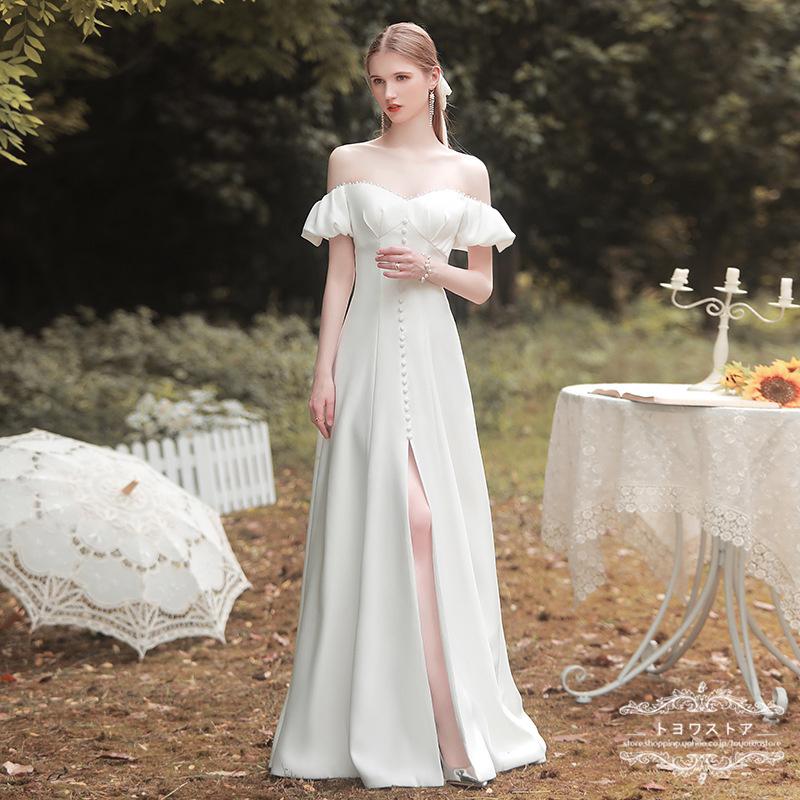 ウェディングドレス白ウエディングドレスAライン花嫁ドレス二次会披露宴スリットブライダルパーティードレス結婚式海外挙式前撮り